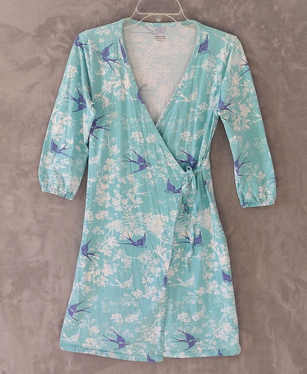 Garnet Hill Tie Wrap Robe Women's Size XS Floral Bird Print Attached Ties Green